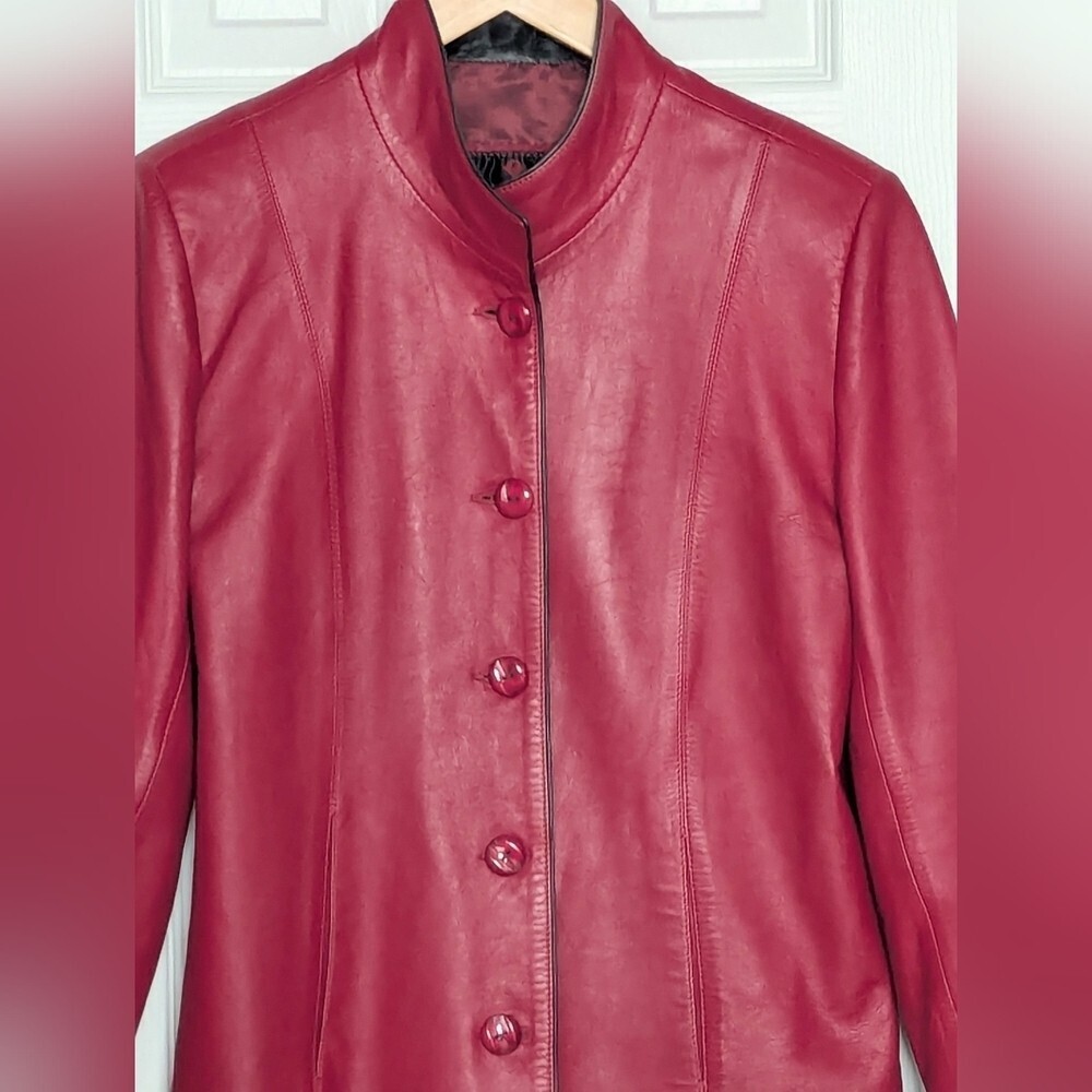 A Pop of Color! Venus Women's Red Button-Down Leather Jacket - Picture 2 of 15